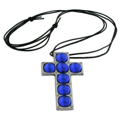 Kette 69x42mm Zinn-Anhnger Kreuz mit 7x Glasstein blau-safir 110cm