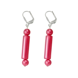 Ohrbrisur Ohrhnger Ohrringe 52mm silberfarben Perle und Walze rot-seidig Kunststoff