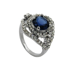 Ring 17mm groer blauer Glasstein mit kleinen weien Glassteinen rhodiniert Ringgre 54