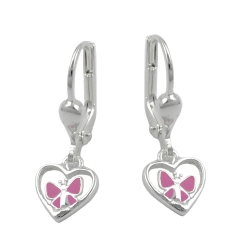 Ohrbrisur Ohrhänger Ohrringe 21x8mm Herz mit Schmetterling rosa lackiert Silber 925