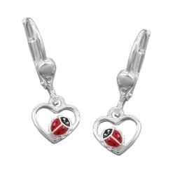 Ohrbrisur Ohrhnger Ohrringe 22x8mm Herz mit Marienkfer rot-schwarz lackiert Silber 925