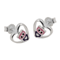 Ohrstecker Ohrring 8mm kleine Eule im Herz lila-pink glnzend Silber 925