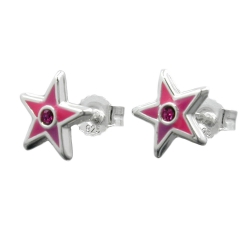 Ohrstecker Ohrring 8x8mm Kinderohrring Stern pink lackiert mit Glasstein pink Silber 925