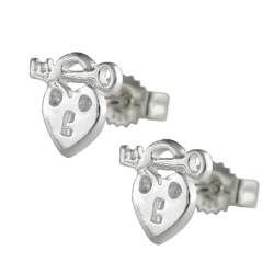 Ohrstecker Ohrring 9x8mm Herz Schloss und Schlüssel mit Zirkonia glänzend Silber 925