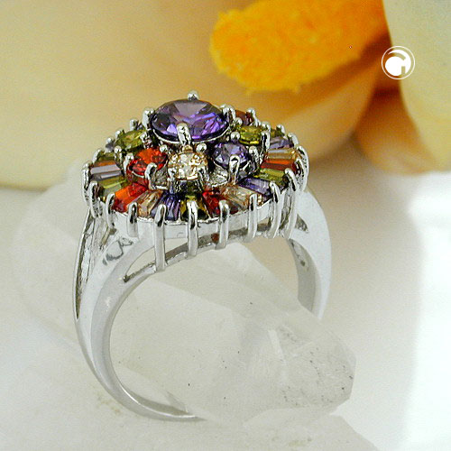 Ring 18mm lila Glasstein mit vielen bunten Glassteinen rhodiniert Ringgröße 60