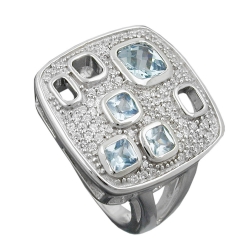 Ring 18mm Viereck Zirkonias aqua weiß glänzend rhodiniert Silber 925 Ringgröße 62